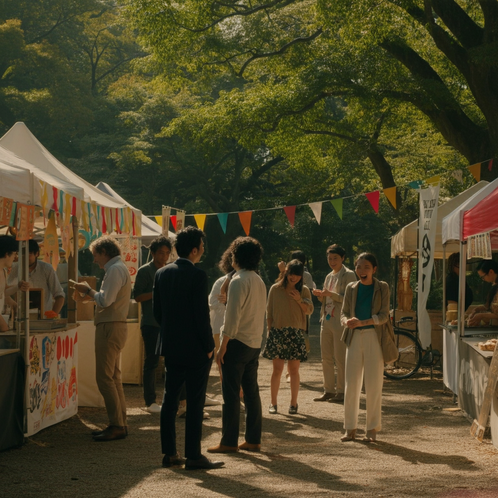 A wide shot of a diverse group of people laughing and talking at a community event in a Japanese park. The scene is bathed in warm sunlight, with vibrant colors from flags and decorations in the background. There are food stalls and smiling faces.