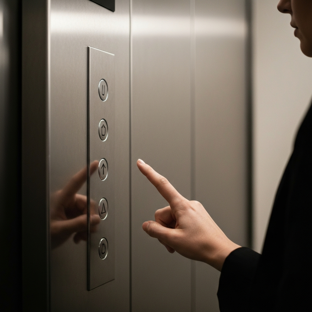 Elevator lobby, a person presses the "up" button. Soft overhead lighting illuminates the brushed metal panel. Shallow depth of field blurs the background, focusing on the finger pressing the button.