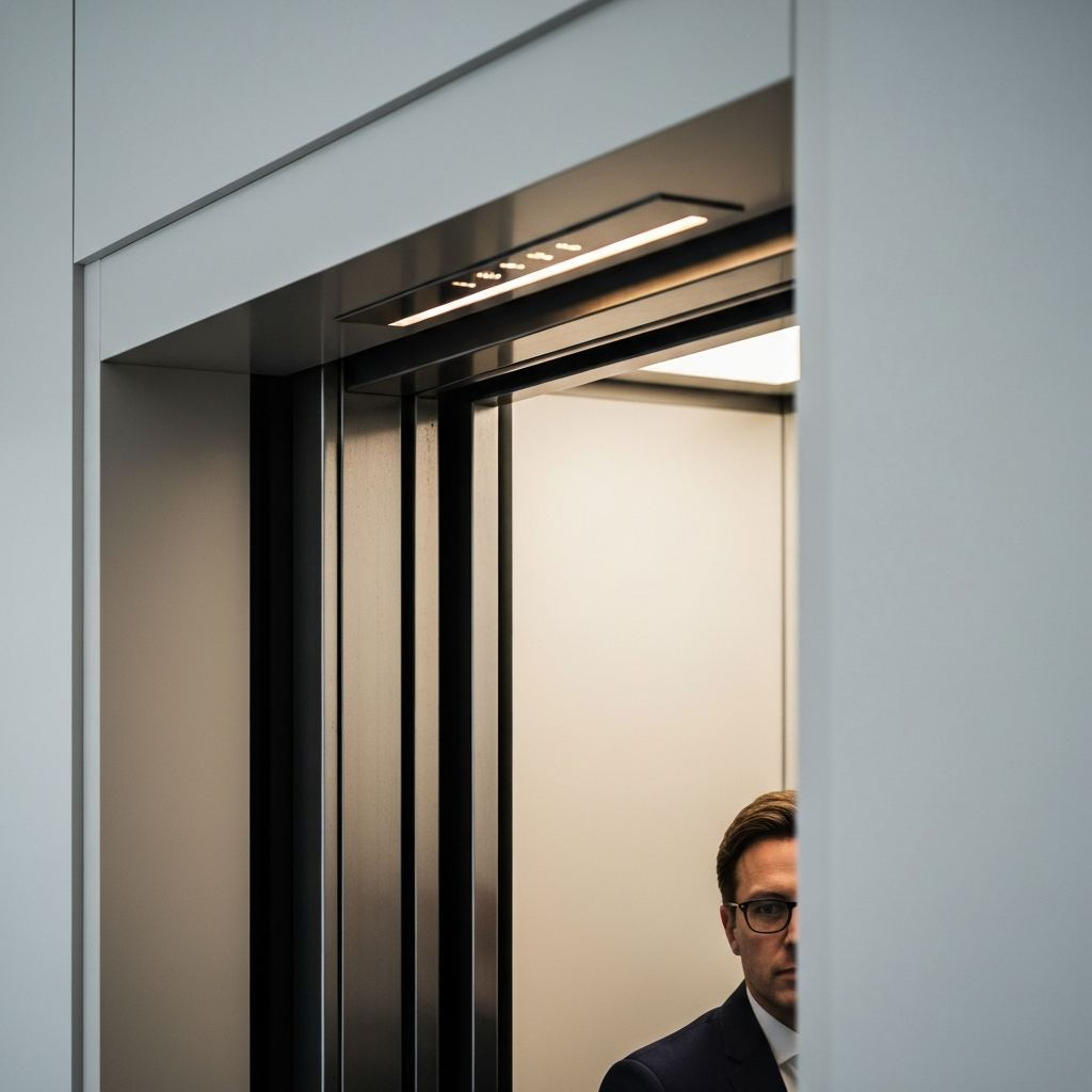 Side view of an elevator door opening. The interior is brightly lit. The focus is on the illuminated floor indicator above the door.