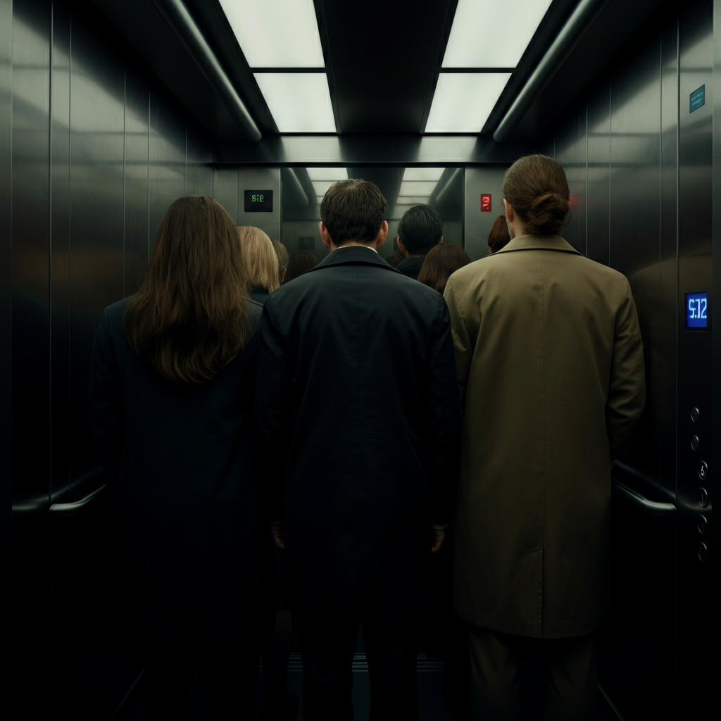 A crowded elevator. Passengers are spaced reasonably, facing forward. The lighting is even and professional. No one is touching another person.