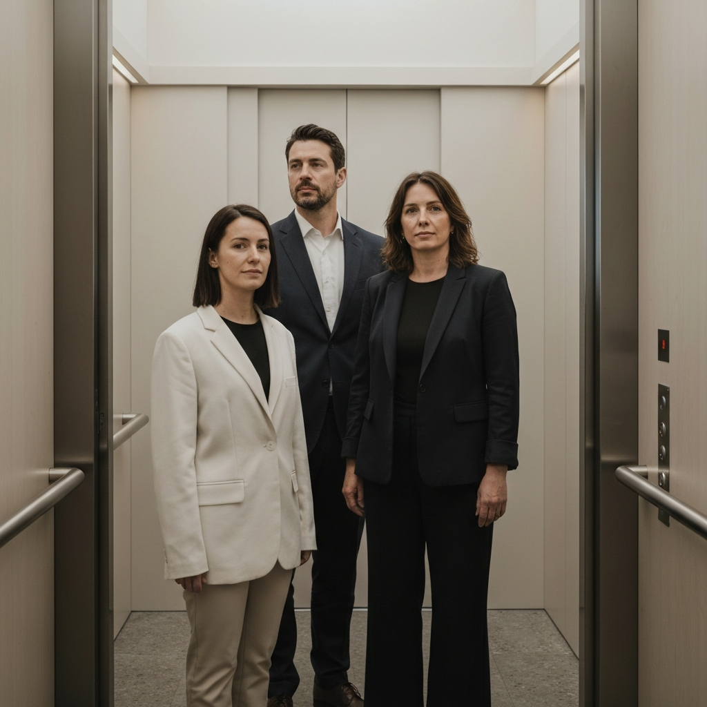 Two people stand side-by-side in an elevator. They are both looking forward, maintaining a respectful distance. The lighting is soft and natural.