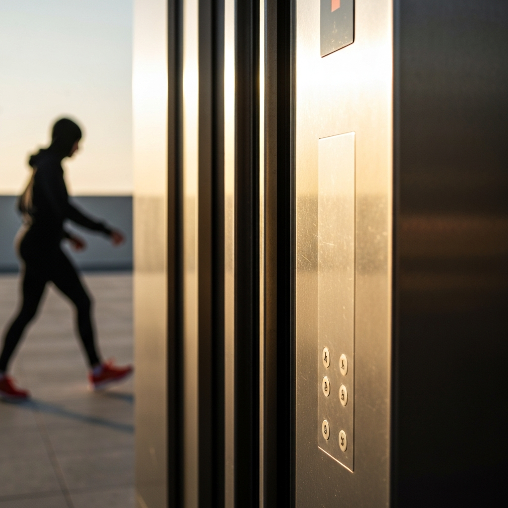 Close up of elevator doors beginning to open with sunlight spilling in. The focus is on the edge of the door with high detail in the brushed steel texture.