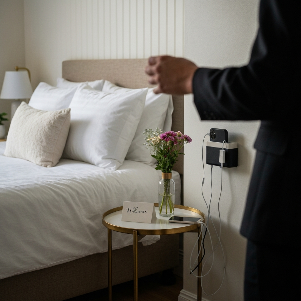 A brightly lit guest bedroom. Freshly made bed with fluffy pillows. A small table with a vase of flowers and a personalized welcome card. A neatly organized charging station with various phone chargers.