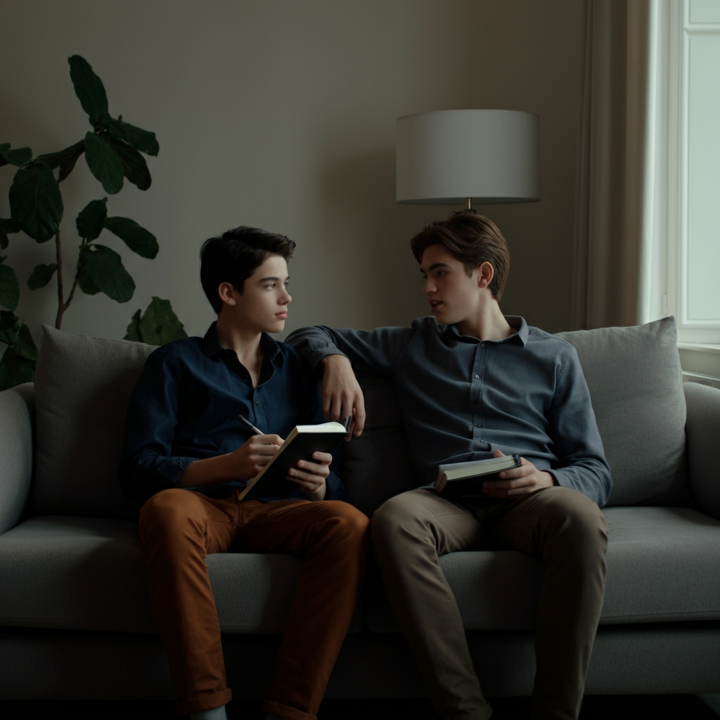 Two cousins sitting comfortably on a living room couch, engaged in a lighthearted conversation. One is holding a notepad and pen, jotting down notes. Soft, natural light filters through a nearby window.