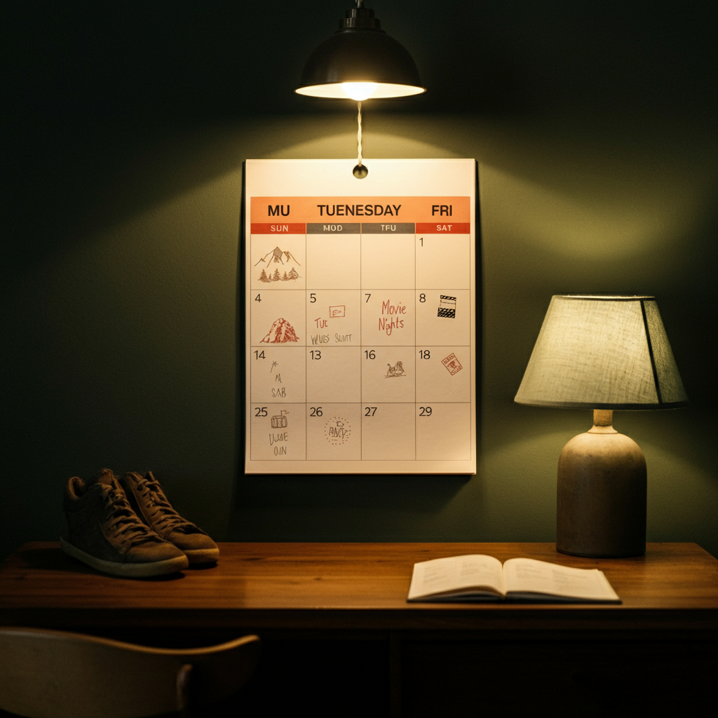 A calendar hanging on a wall, with various activities written in. Icons representing different activities, such as hiking, museums, and movie nights, are interspersed throughout the week.