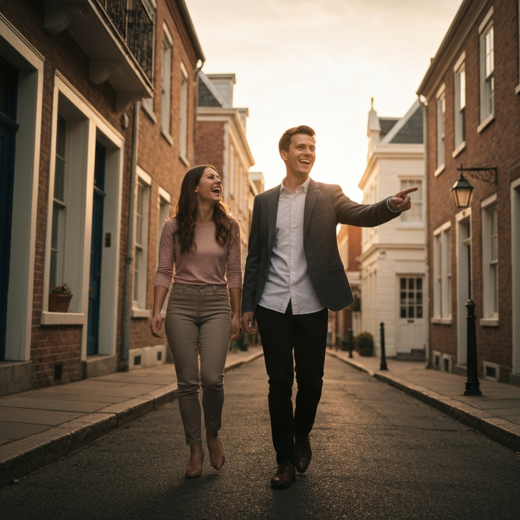 Two cousins walking down a charming street in a historic district. They are laughing and pointing at the unique architecture. Golden hour lighting bathes the scene in a warm glow.