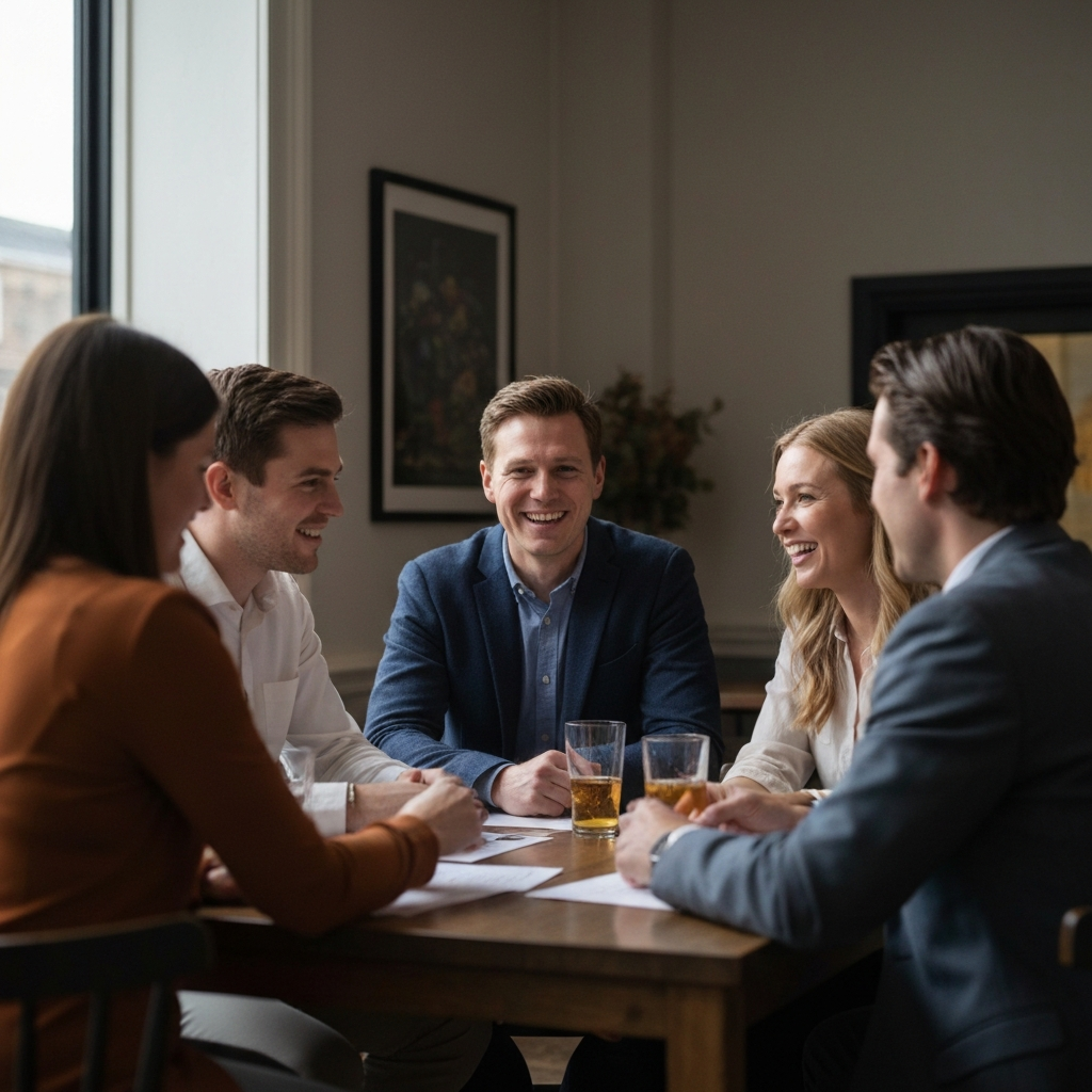 A group of friends gathered around a table at a local pub, playing trivia. One of the individuals is the cousin, who is smiling and engaged in the game. Soft, ambient lighting illuminates the scene.