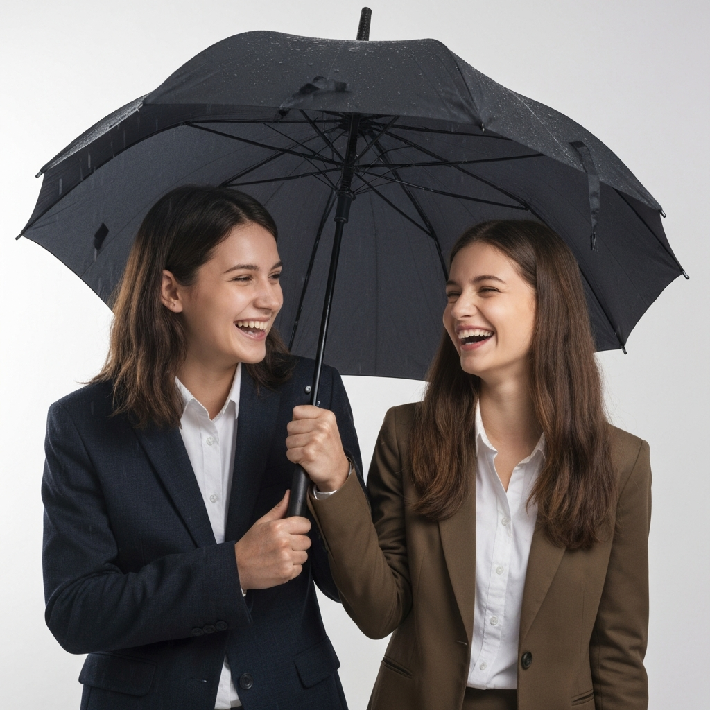 Two cousins huddled together under an umbrella, laughing as they navigate a sudden rain shower. They are looking at each other with amusement and a sense of shared adventure.