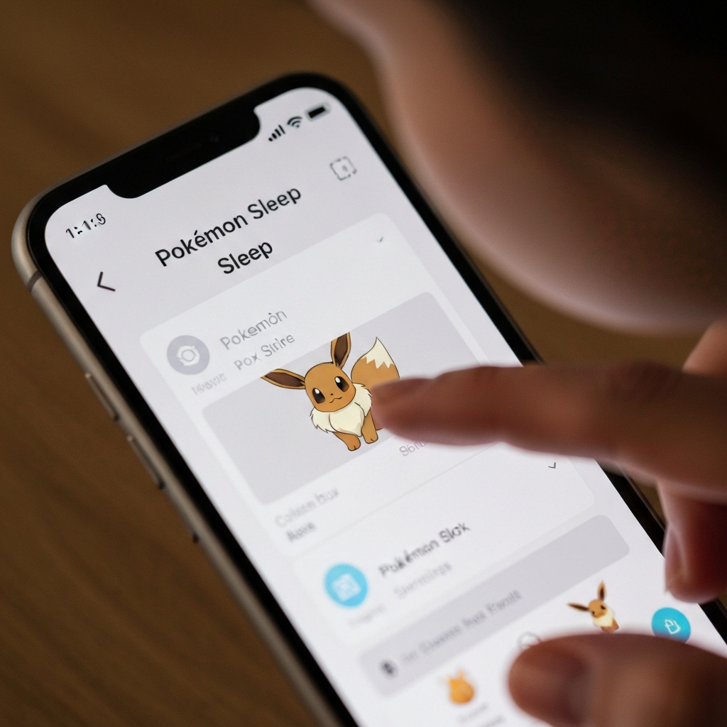 A close-up shot of a phone screen displaying the Pokémon Sleep app. The focus is on the Pokémon Box menu, with a finger gently tapping the Eevee icon. Soft, diffused lighting creates a comfortable atmosphere.