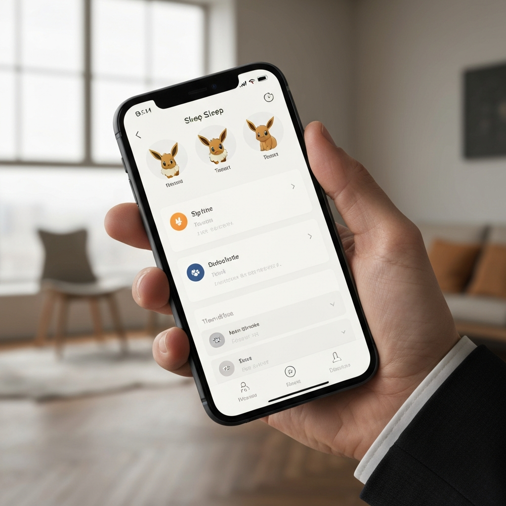 A slightly angled shot of a hand holding a phone. The phone displays Eevee's detailed information screen within the Pokémon Sleep app. Natural light bathes the scene, highlighting the details of the UI elements and the hand's texture.