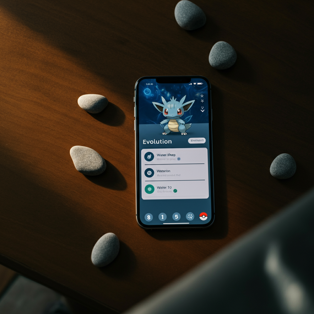 A bird's-eye view of a table with a phone displaying the evolution menu of the Pokémon Sleep app. Scattered around the phone are a few smooth, grey stones, resembling Water Stones. The lighting is soft and diffused, highlighting the screen's details.