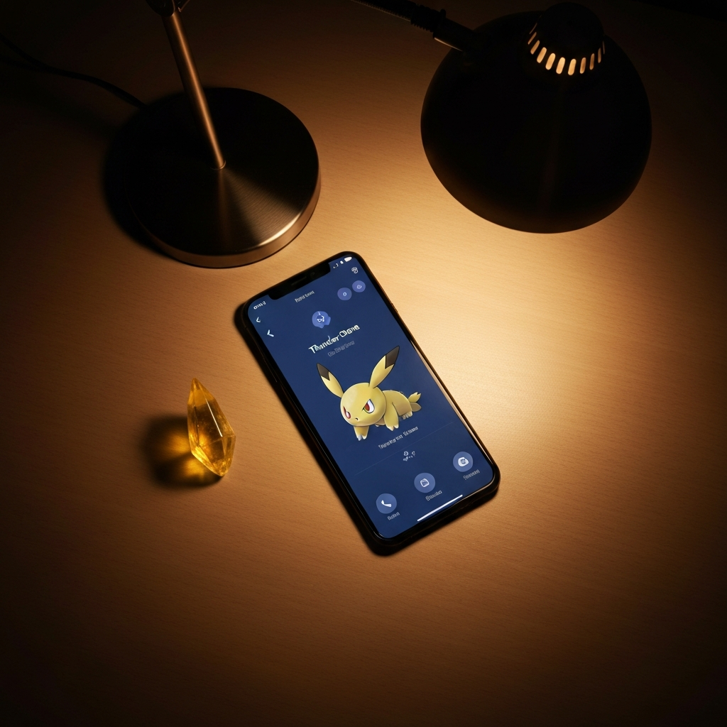 Overhead shot of a desk illuminated by a warm lamp. The phone screen displays the Pokémon Sleep evolution interface. A Thunder Stone, depicted as a jagged, yellow crystal, rests near the phone. Subtle shadows add depth to the image.