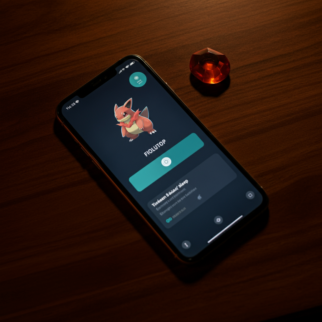 A top-down view of a wooden desk. A phone shows the Pokémon Sleep app on the evolution screen. A Fire Stone, represented by a vibrant, reddish-orange gem, is placed beside the device. The image is lit with a warm, inviting glow.