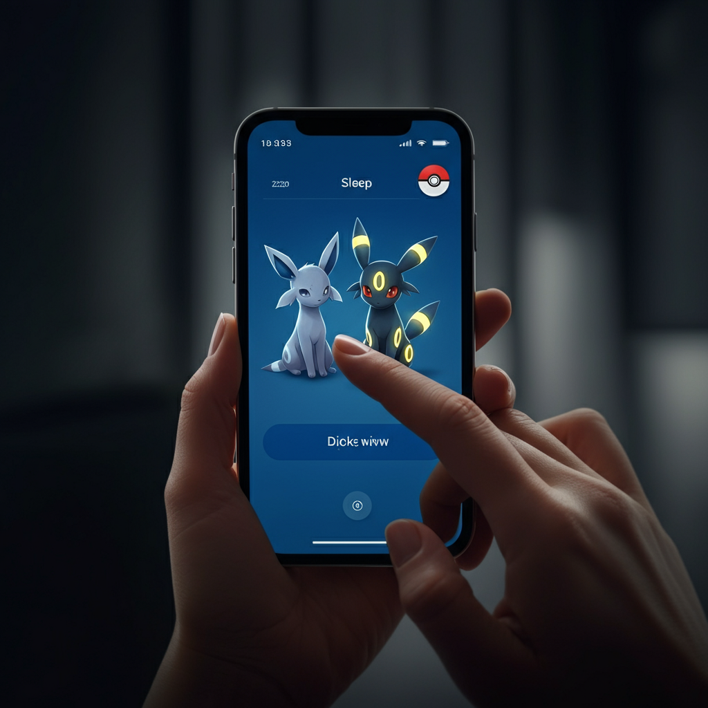 Close-up shot of a hand gently touching a phone screen displaying a silhouette of Espeon and Umbreon in the Pokémon Sleep app's interface. The background is blurred with a soft bokeh effect, creating a sense of mystery and anticipation.