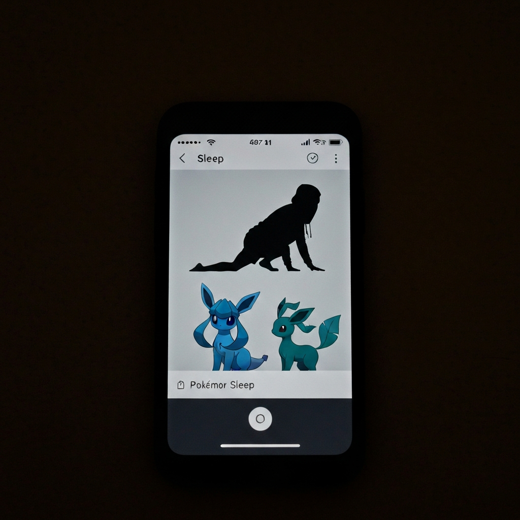A dimly lit room. A phone screen displays the Pokémon Sleep interface, focusing on silhouettes of Glaceon and Leafeon. The light from the screen casts a faint glow on the surrounding surfaces, highlighting the textures and creating a moody atmosphere.