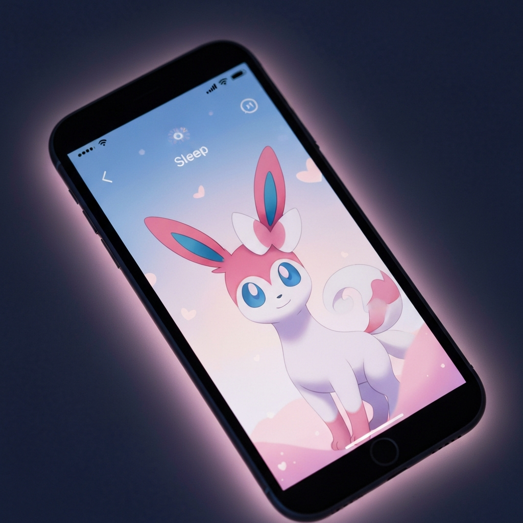 Softly lit scene with a phone displaying the Pokémon Sleep app. The focus is on a silhouette of Sylveon. Delicate, pastel-colored light gently illuminates the screen, creating an ethereal and dreamlike quality.