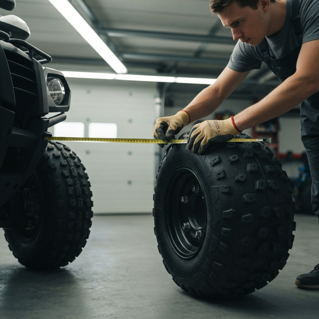 A person wearing work gloves uses a measuring tape to measure the length of a quad bike in a garage. The garage has soft, diffused overhead lighting, showcasing the texture of the quad's tires and body. The person is focused on the task, and the measuring tape is taut.