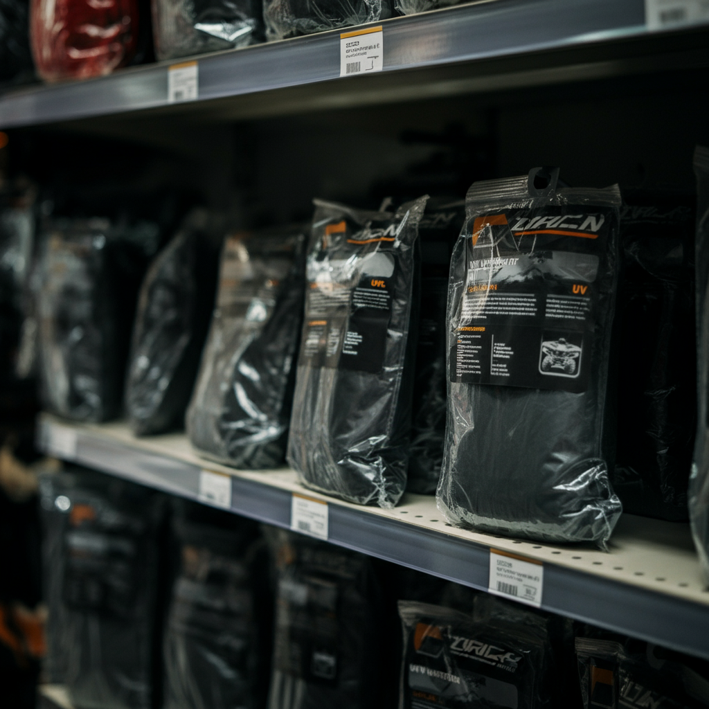 A close-up shot of various ATV covers on a shelf in a retail store. The covers are neatly folded and packaged, displaying different colors and materials. Soft lighting highlights the textures of the fabrics and the printed labels indicating features like waterproofing and UV protection.