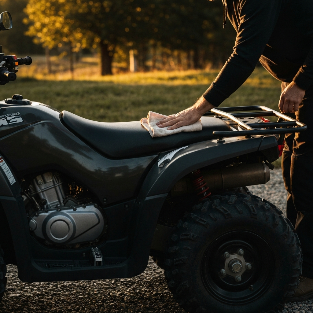 A person is wiping down the seat of a quad with a clean cloth in an outdoor setting. Sunlight filters through the trees, creating dappled shadows on the quad. The person is wearing casual work attire, and the quad is parked on a gravel surface.