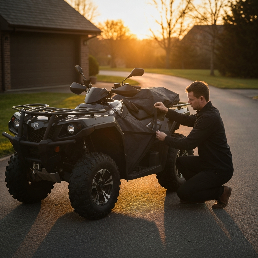 A quad is parked in a driveway during sunset. A person is kneeling down, adjusting the straps of the fitted quad cover. The golden hour lighting creates a warm glow, highlighting the texture of the cover and the vehicle. The driveway is paved and leads to a house in the background.