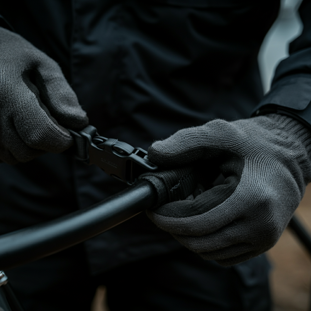 A close-up shot of the buckle of a quad cover being tightened. The fingers adjusting the buckle are wearing protective gloves. The background is slightly blurred, focusing on the details of the strap and buckle mechanism.