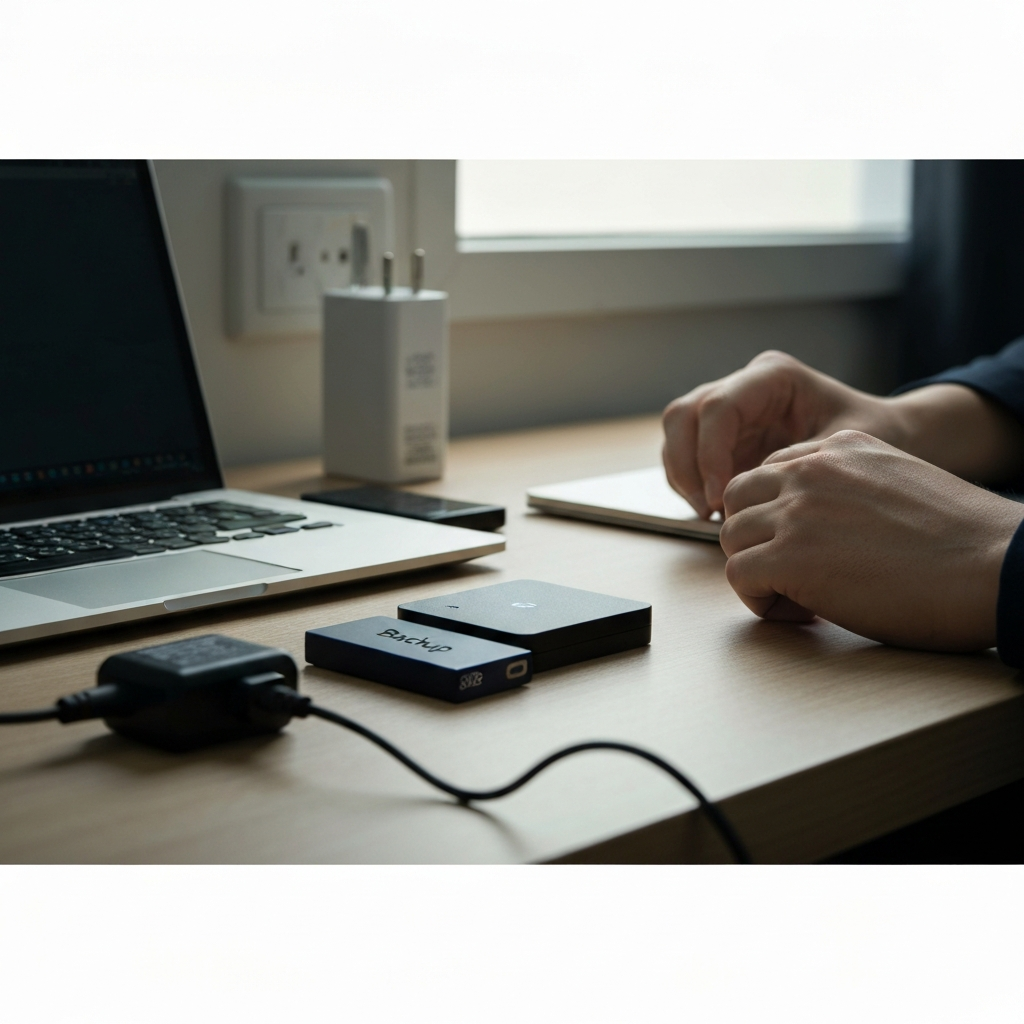 A well-organized desk with an open laptop, an external hard drive neatly labeled "Backup," a 32GB USB drive, and a power adapter plugged into the wall socket. Soft, diffused lighting highlights the textures of the devices.