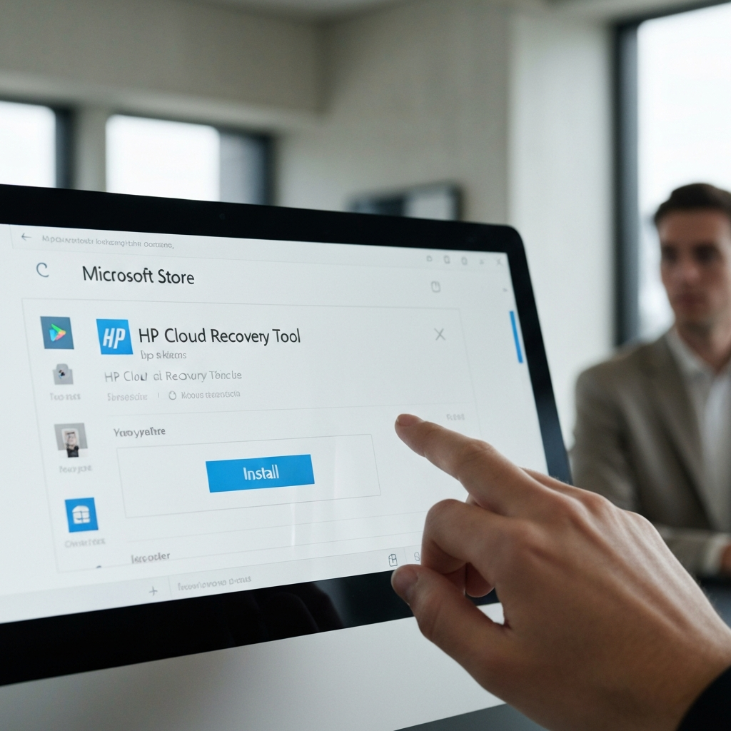 A close-up of a computer screen showing the Microsoft Store app with the HP Cloud Recovery Tool highlighted in the search results. A hand hovers over the "Install" button. The screen has a slight glare, and the background is a softly blurred office environment.