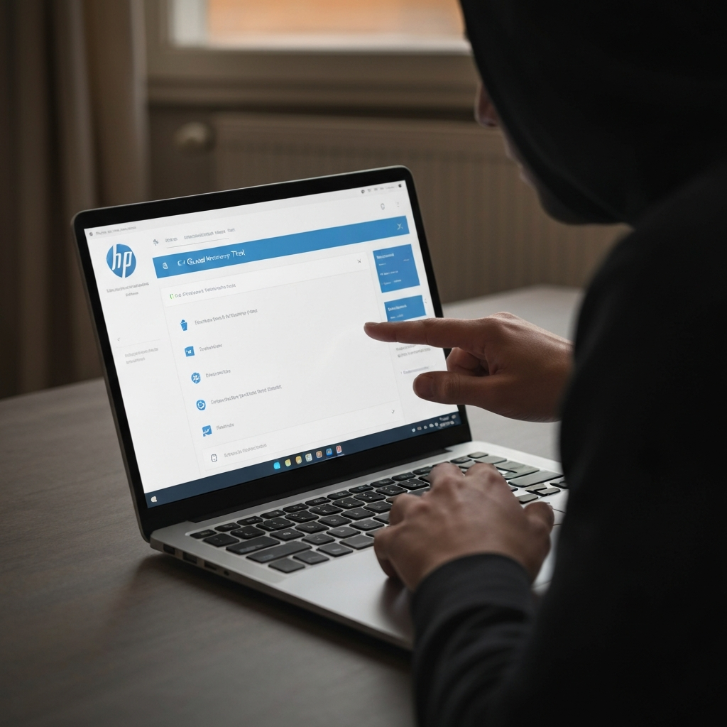 A person's hands clicking through the HP Cloud Recovery Tool interface on a laptop screen. The interface is clean and modern, with HP's branding prominently displayed. The room is well-lit, and the focus is sharp on the screen and the person's hands.