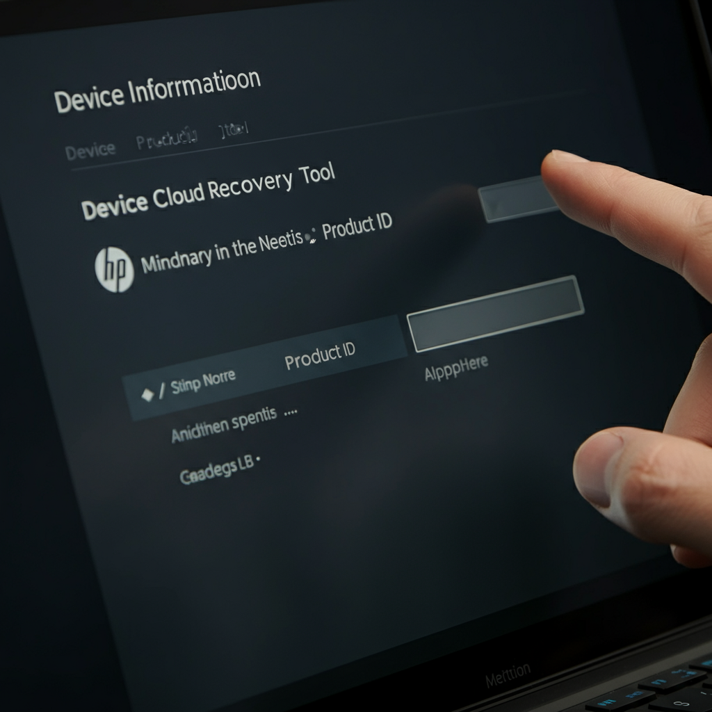 A close-up of a laptop screen showing the device information page of the HP Cloud Recovery Tool. The product ID field is visible, and a person's finger points to the area where the product ID should be entered. The lighting is even, and the focus is sharp.
