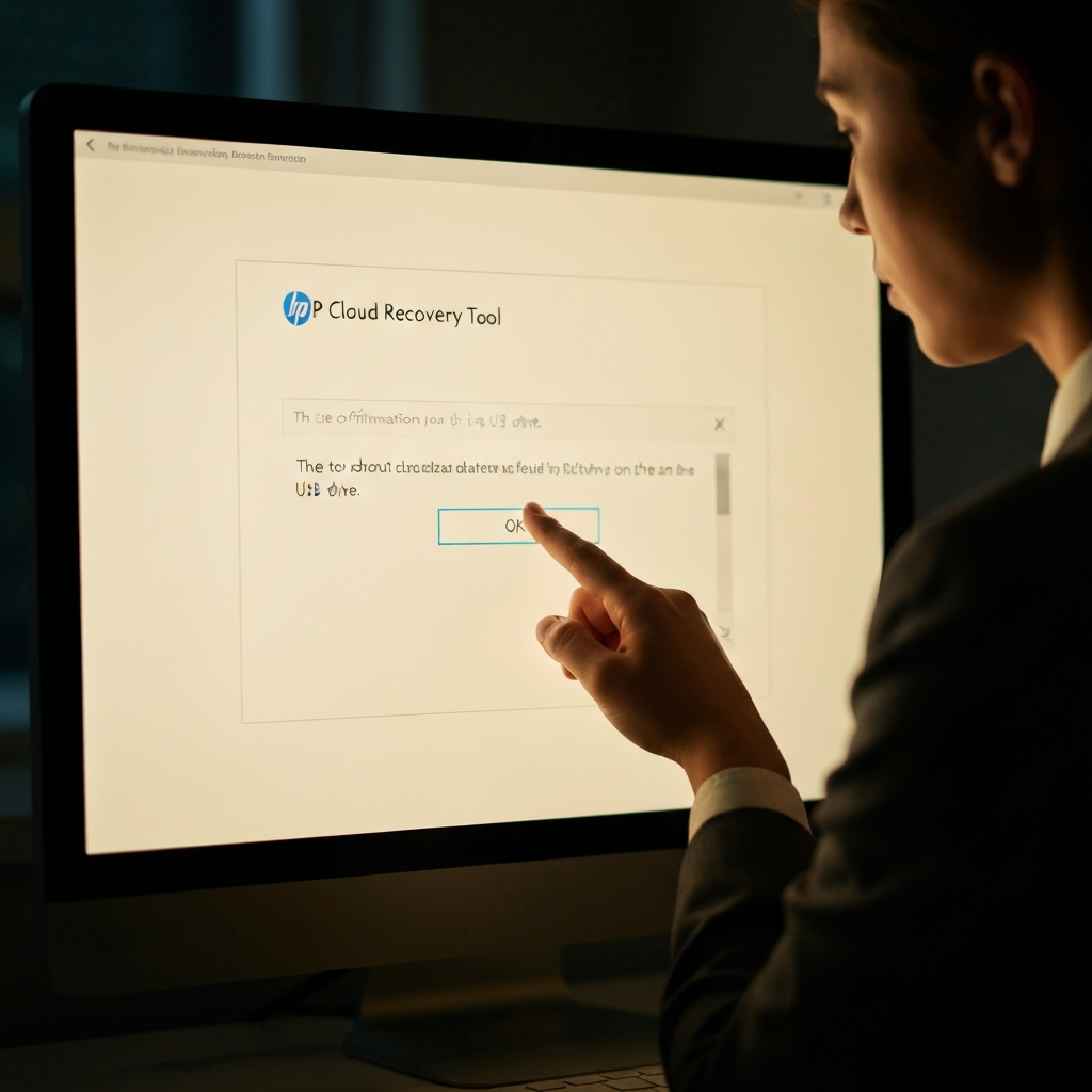 A computer screen displaying the confirmation dialog box from the HP Cloud Recovery Tool, warning about data deletion on the USB drive. A hand hovers over the "OK" button. The scene is lit with a warm glow, and the focus is sharp on the confirmation message.