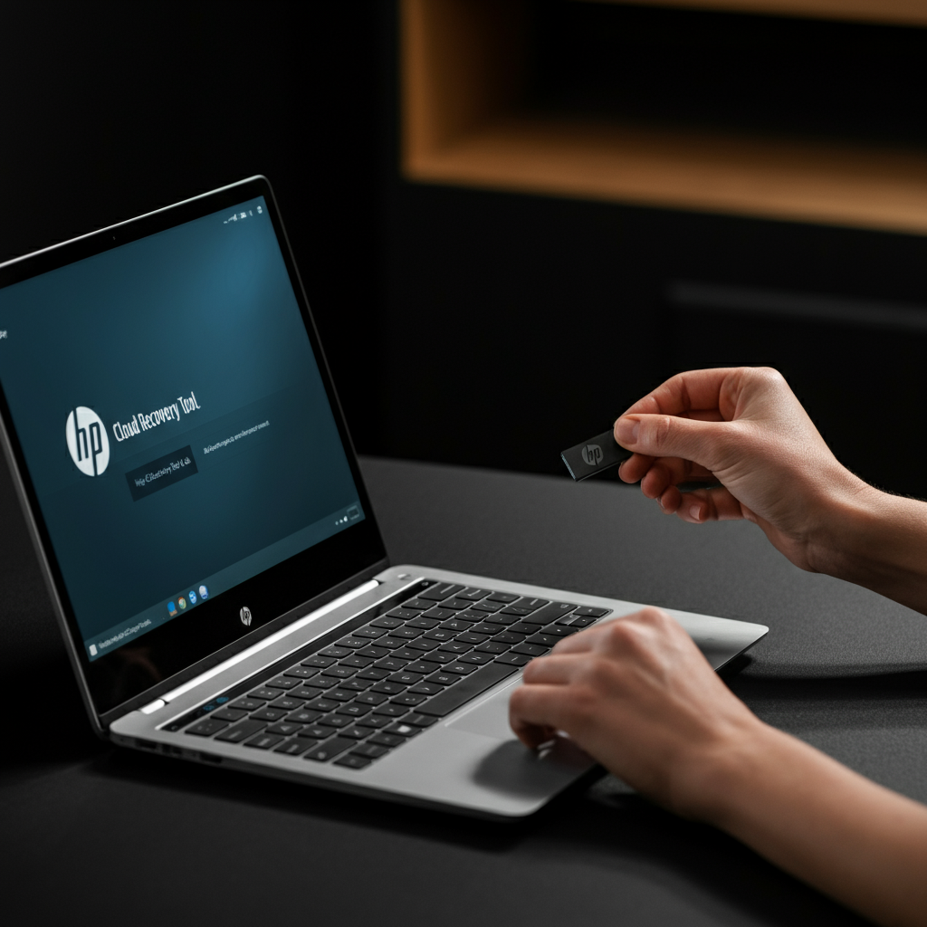 A person carefully removing a USB drive from a laptop. The laptop screen shows the "Finish" confirmation message from the HP Cloud Recovery Tool. The room is brightly lit, and the person's hands are the main focus.