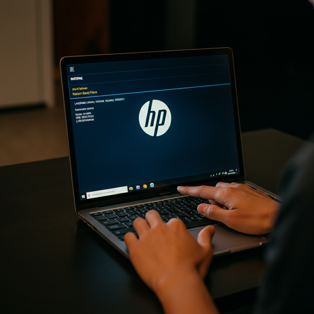 A person pressing the power button on a laptop while simultaneously pressing the F11 key to access the boot options menu. The screen displays the HP logo and the boot options menu. The scene is dimly lit, with the focus on the person's hand and the laptop screen.