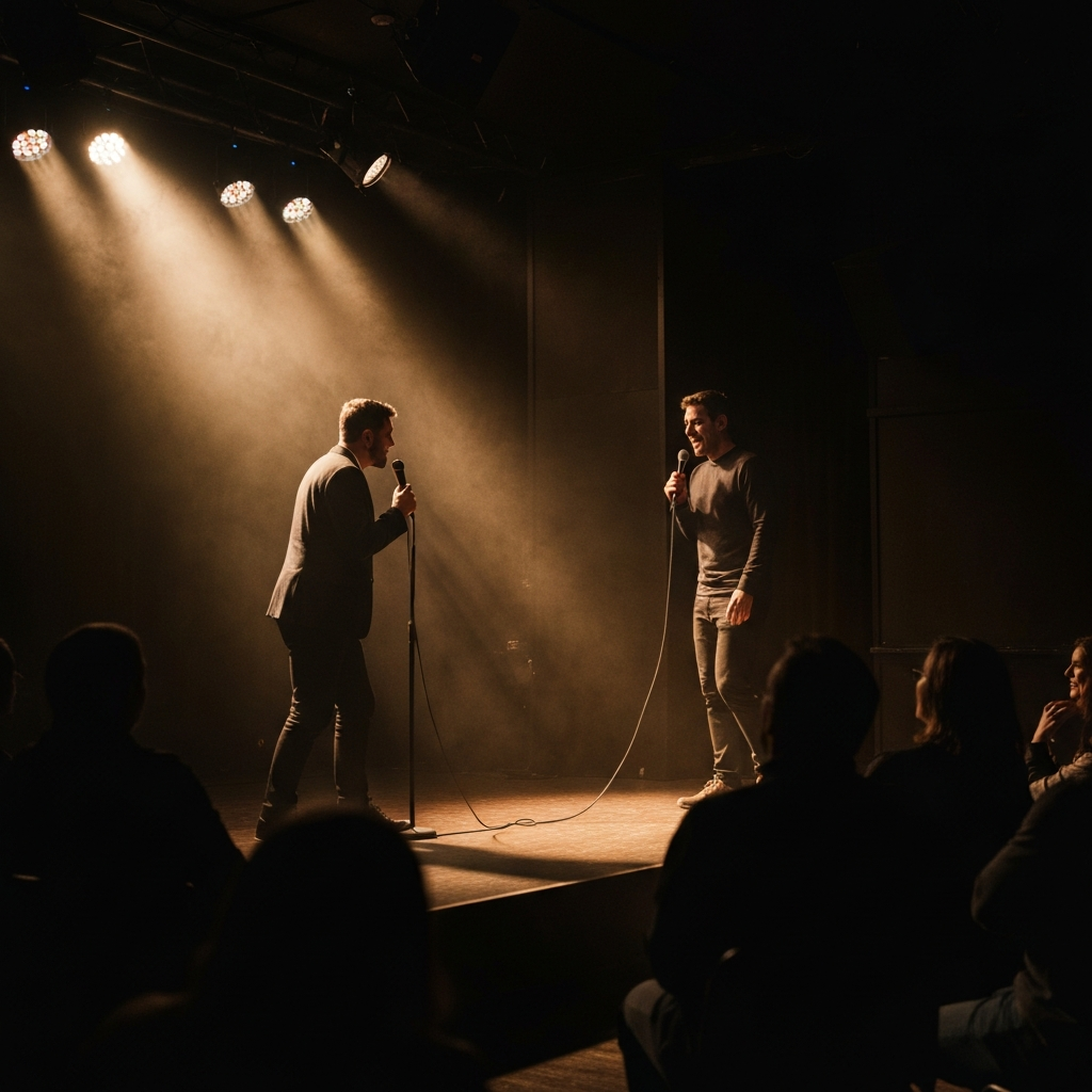 A dimly lit comedy club stage. A lone comedian stands at the microphone, bathed in a single spotlight. The background is blurred, with hints of the audience visible in the shadows. The overall tone is one of intimacy and shared laughter.