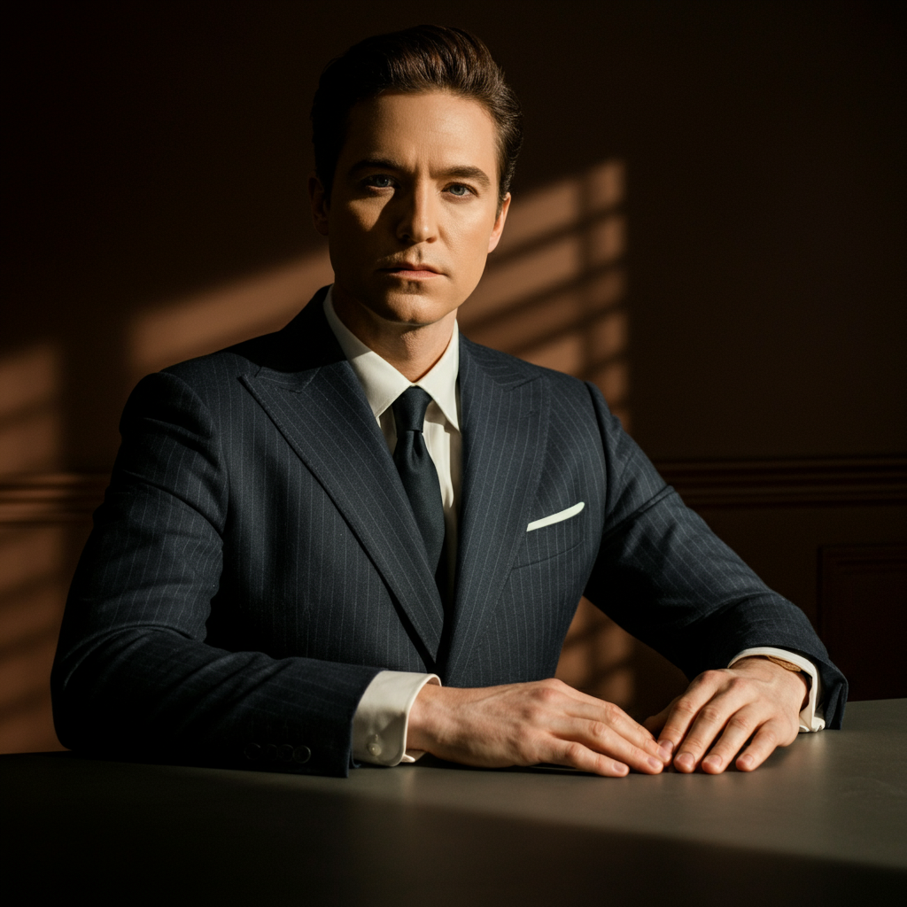 A person seated at a desk, hands resting calmly on the surface. Soft, natural light streams in from a window, casting gentle shadows on their face. The setting is clean and organized, promoting a sense of focus and composure.