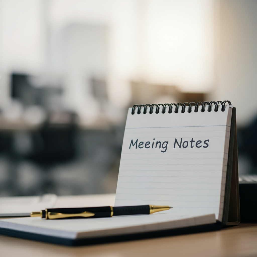 A blurred background shot of a bustling office environment during the day. The foreground features a notebook with a pen. The notebook reads "Meeting Notes" in a clear, professional font. The lighting is bright and practical, emphasizing the focus on work and productivity.