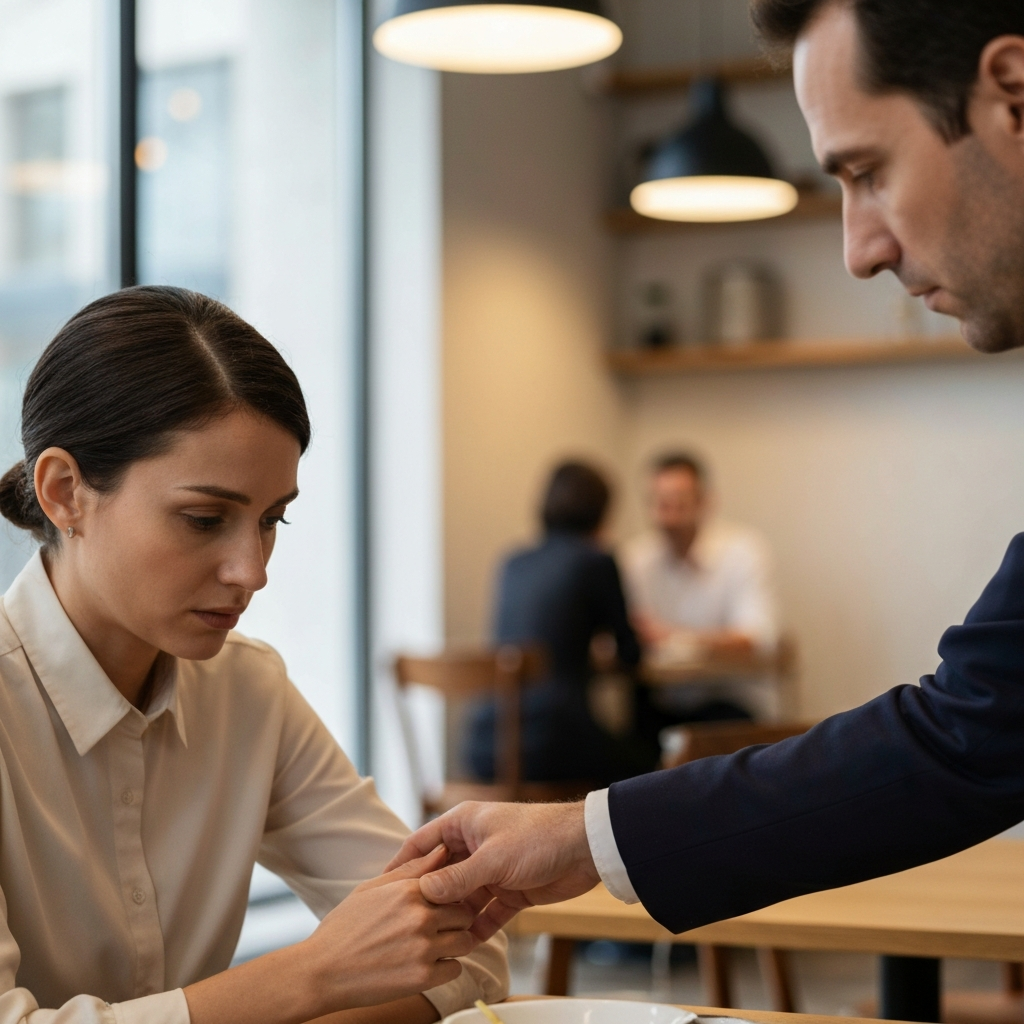 Two people in a quiet, warmly lit cafe. One person looks downward with a concerned expression, while the other person offers a comforting hand on their arm. The scene conveys a sense of empathy and understanding. Soft focus on the background emphasizes the intimacy of the moment.
