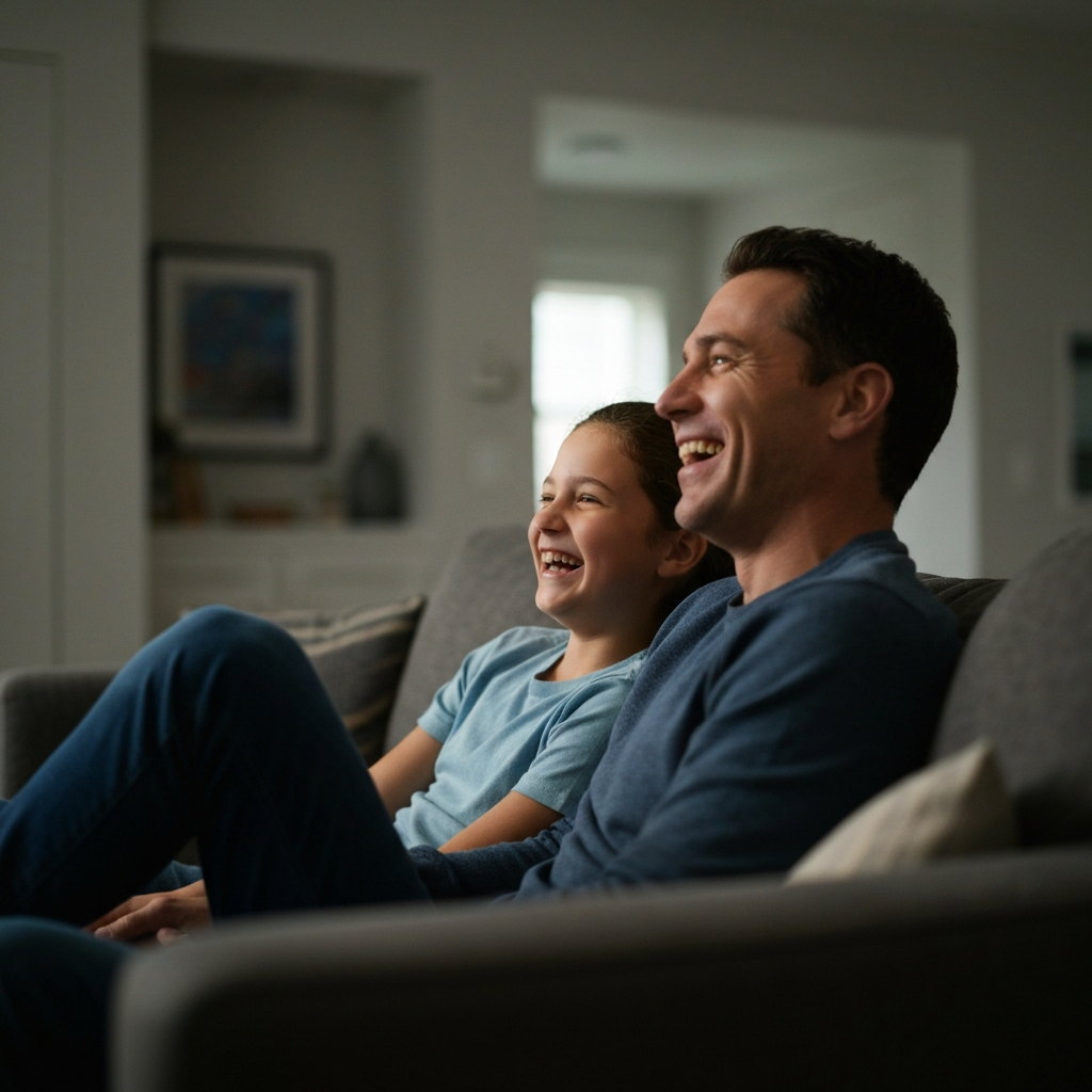 A softly lit living room. A father and child, in their late teens, are sitting on a comfortable sofa, side-by-side, laughing together while watching a sporting event on television. The focus is on their genuine expressions of amusement, with a soft bokeh blurring the background details of the room.