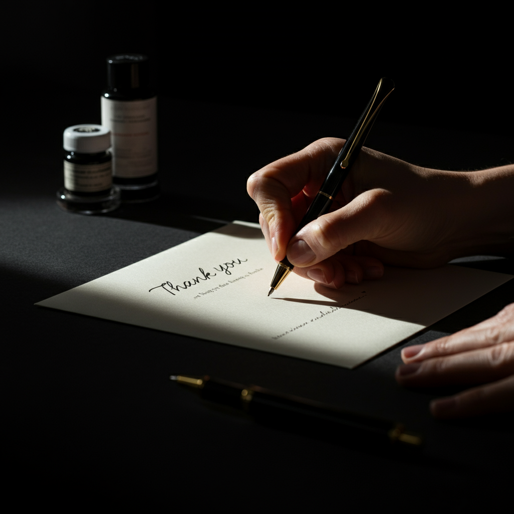 A close-up shot of a hand writing a thank-you note on a piece of stationery. The lighting is warm and inviting, highlighting the texture of the paper and the ink. A pen rests beside the note.