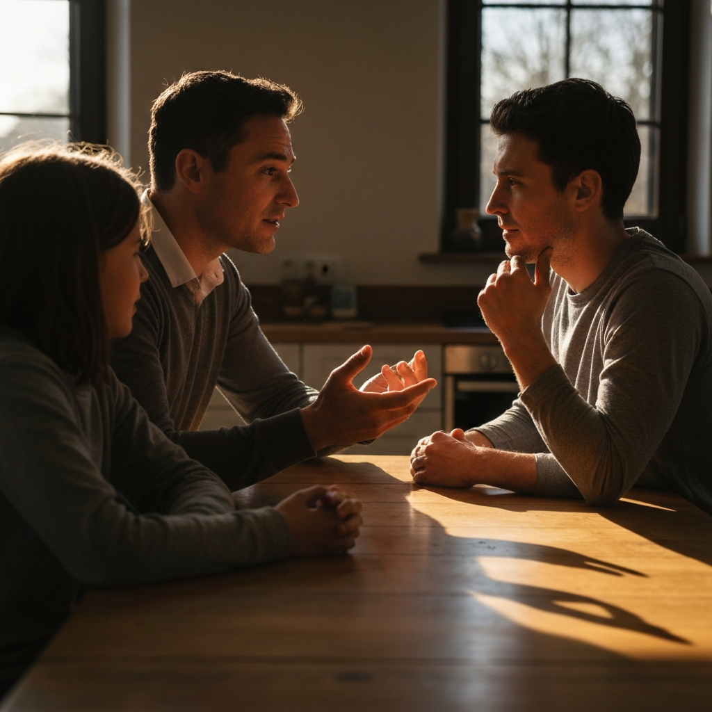 A father and child, in their early twenties, are sitting at a kitchen table, illuminated by natural sunlight streaming through a window. They are engaged in a thoughtful conversation, with the father gesturing calmly as he speaks, while the child listens attentively. Focus on the textures of the wooden table and the warm, diffused light.