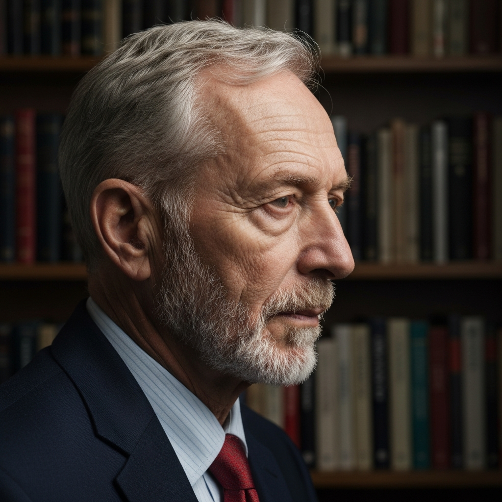 A side-lit, professional portrait of a father, photographed in his well-organized home library. The focus is on the deep lines of experience etched on his face, with soft shadows adding depth and character. The lighting is subtle and respectful.