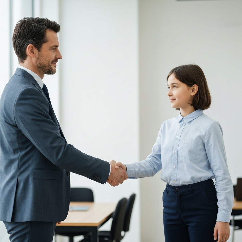 A father and child, in their early twenties, are shaking hands firmly, signifying a strong agreement. The lighting is bright and professional, emphasizing their serious expressions and the texture of their business attire. The background is a blurred office environment.
