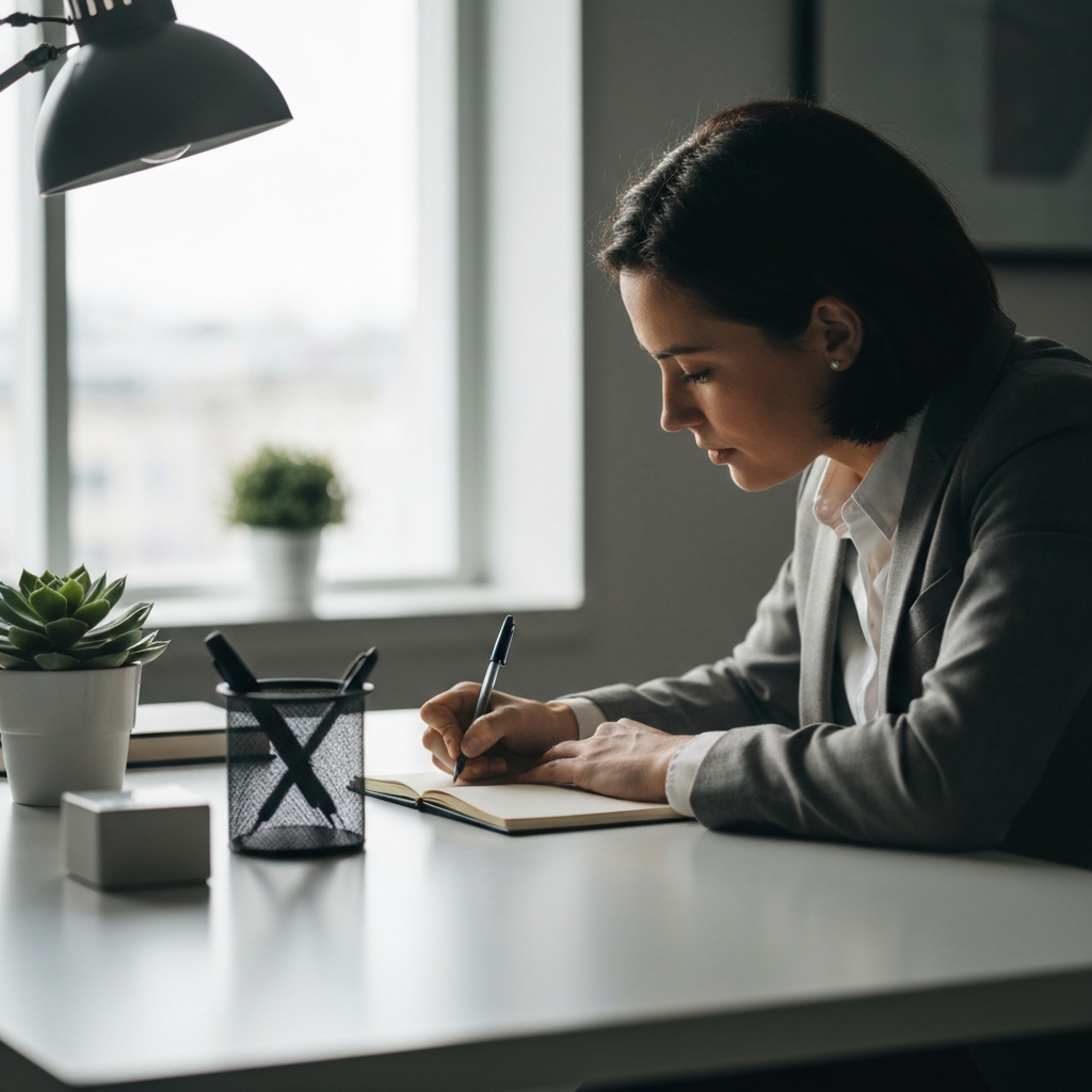 A well-lit, modern office with a person sitting at a clean desk, focused on writing in a notebook. The desk also holds a simple pen holder and a single potted succulent. The light is diffused, casting soft shadows.