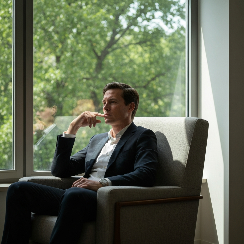A person sits in a comfortable armchair by a window, bathed in natural light. The window offers a blurry view of green trees outside. The person's expression is thoughtful and contemplative.