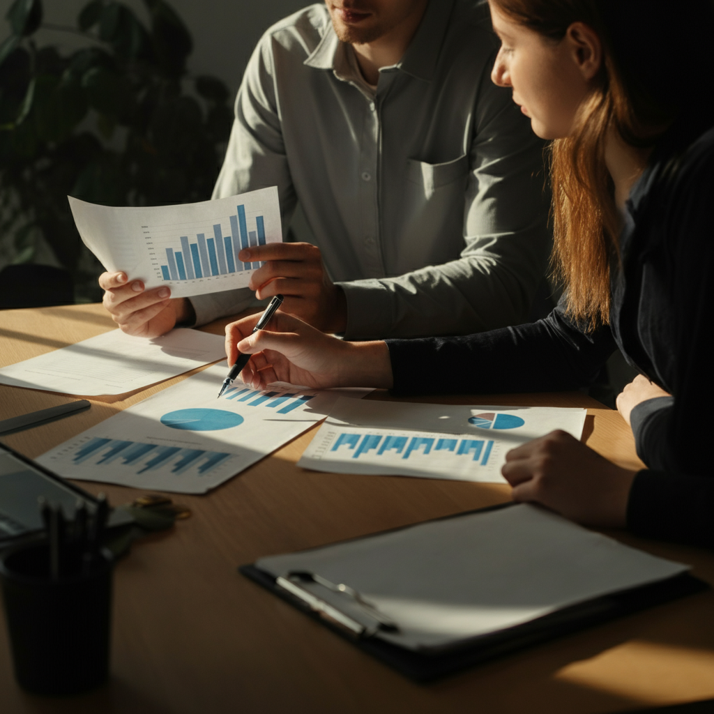 A business meeting in a brightly lit conference room. Three people are seated around a table, reviewing documents. The documents are neatly arranged and highlighted, and one person is gesturing to a graph with a pen.