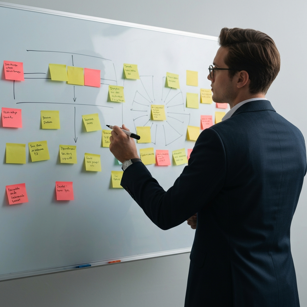 A person standing in front of a whiteboard covered with sticky notes and diagrams. They are holding a marker and looking thoughtfully at the board, considering the different ideas and connections.