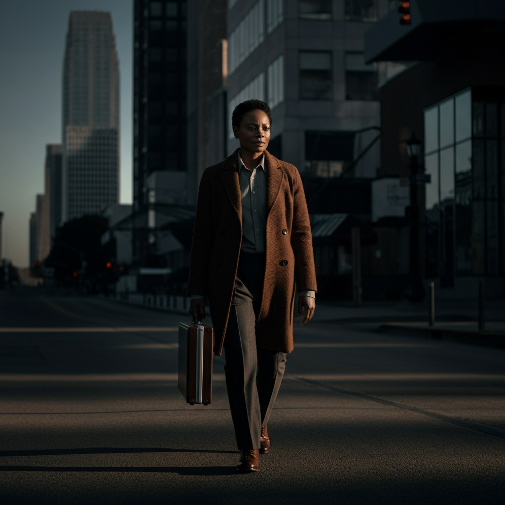 A person confidently walking down a city street at sunrise. They are carrying a briefcase and have a determined look on their face. The city skyline is visible in the background.