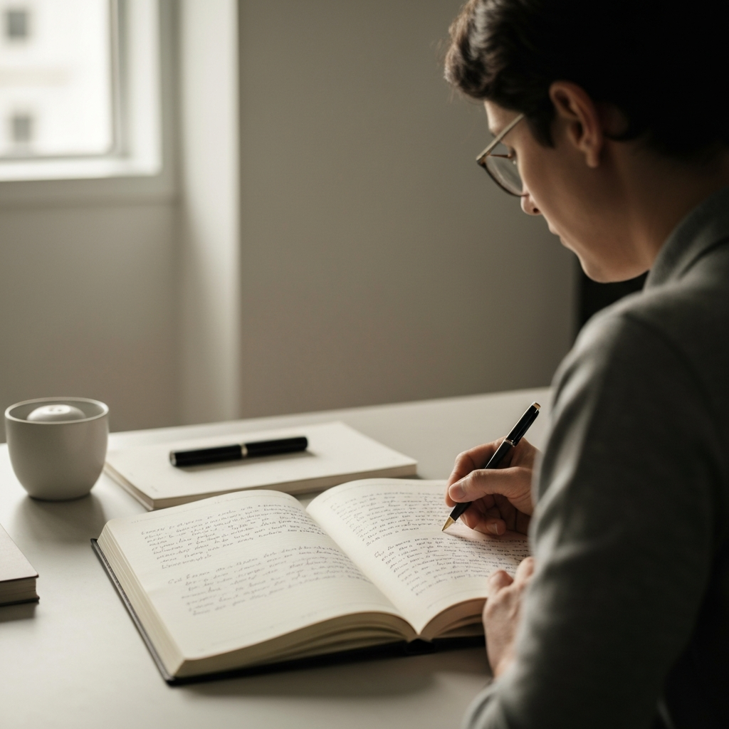 A person sitting at a desk, reviewing notes in a journal. The journal is open to a page filled with handwritten observations and reflections. Soft, warm light fills the room.