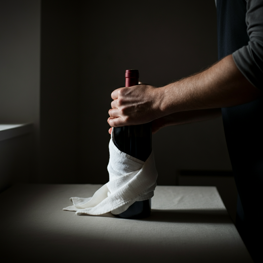 Medium shot of hands carefully wrapping the base of a wine bottle with a white towel. Soft side lighting highlights the texture of the towel fabric.