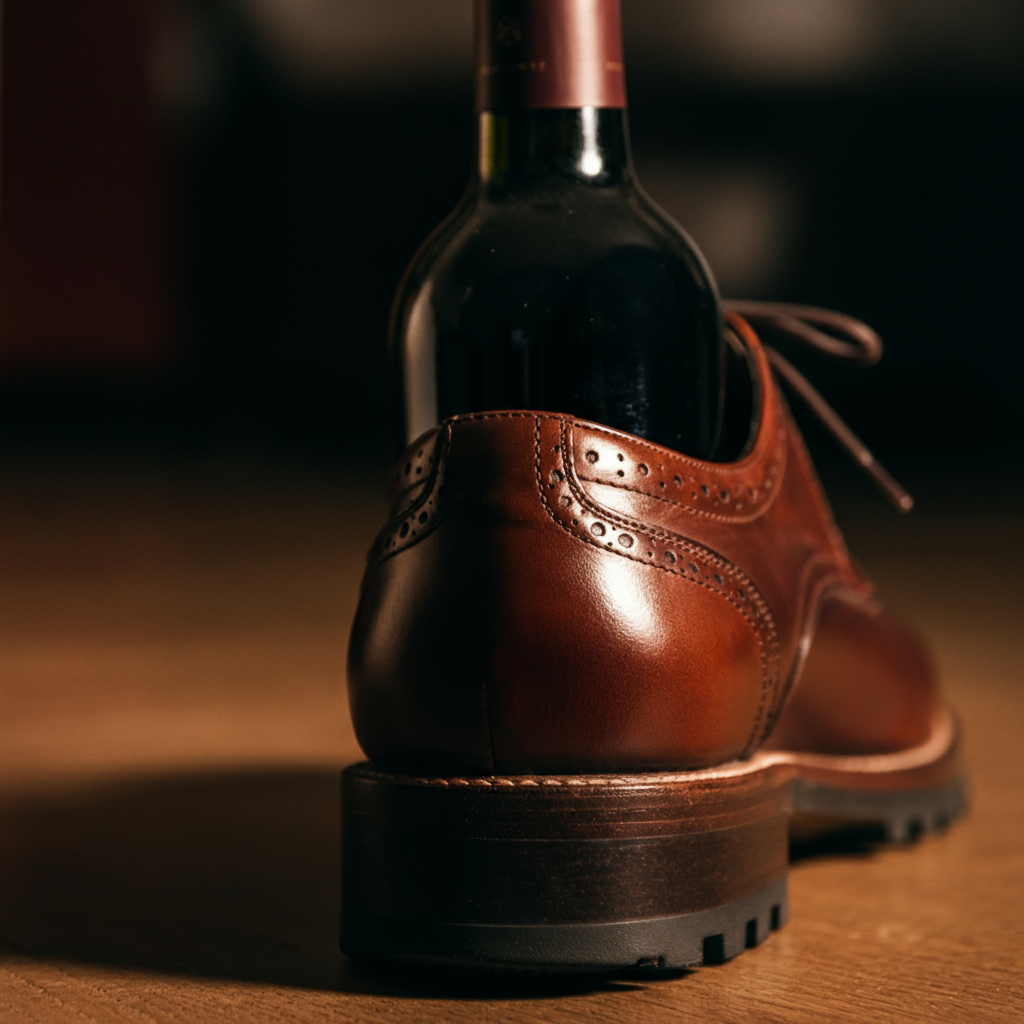 Close-up shot of the base of a wine bottle nestled inside the heel of a brown leather Oxford shoe. Shallow depth of field blurs the background, focusing on the leather texture and the bottle's glass.