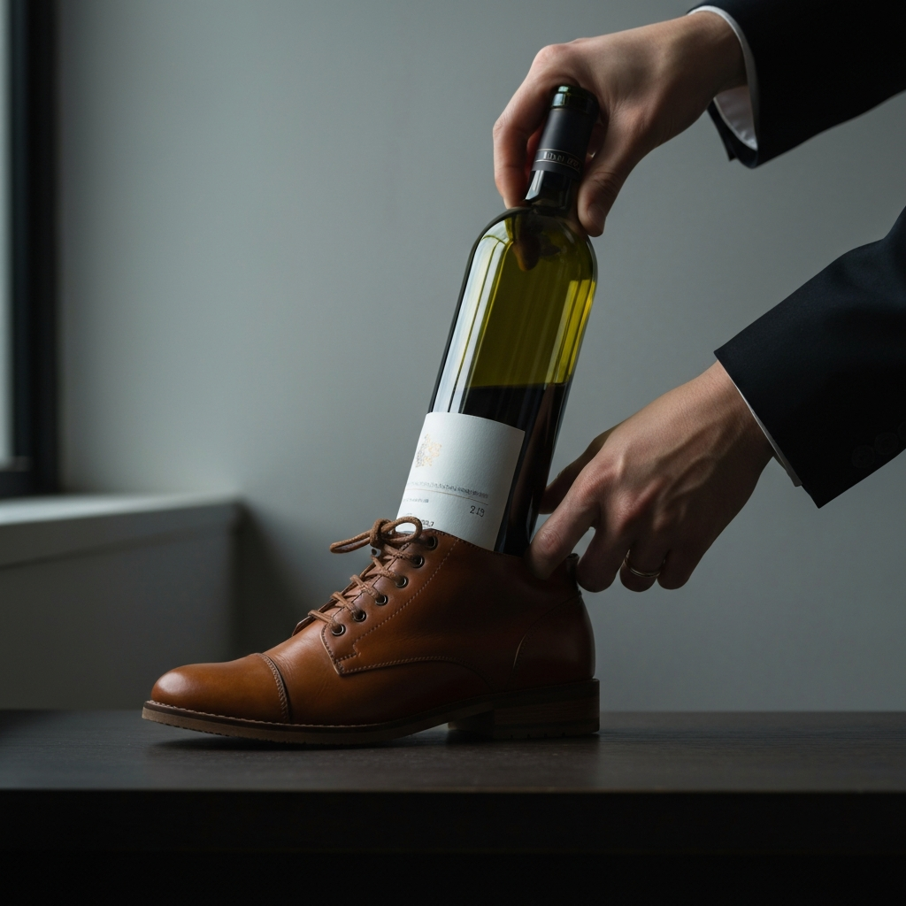 Hand rotating the wine bottle slightly inside the shoe while still holding it firmly. Natural window light creates soft shadows and highlights on the hand and the bottle.